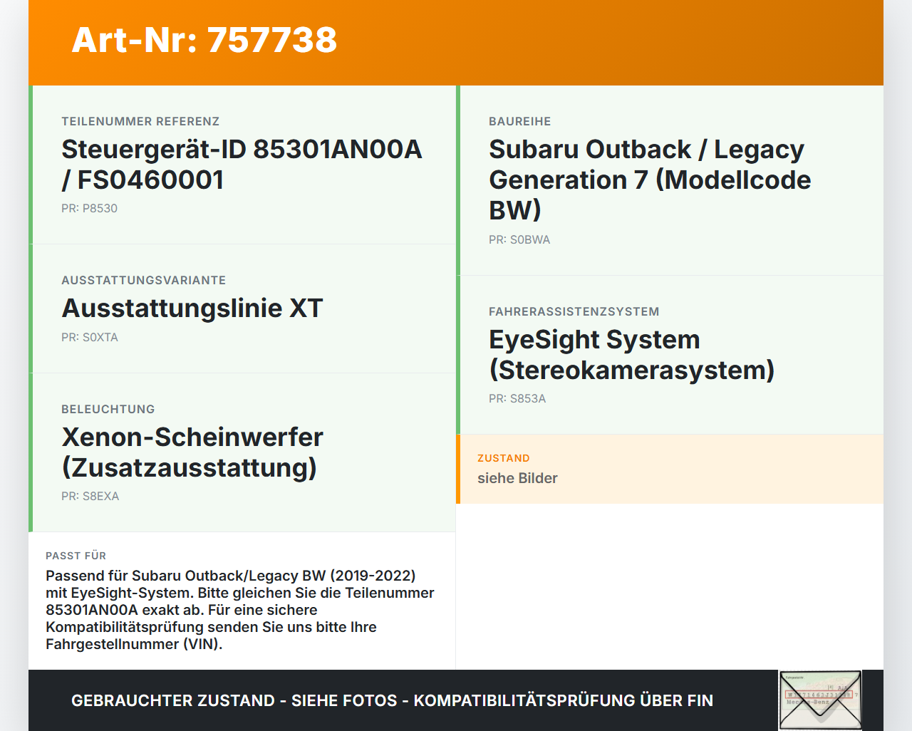 Subaru Outback Legacy 7 VII BW 19-22 Steuergerät ECU Modul Eyesight System Subaru Outback Legacy 7 VII BW 19-22... Vorschau 3