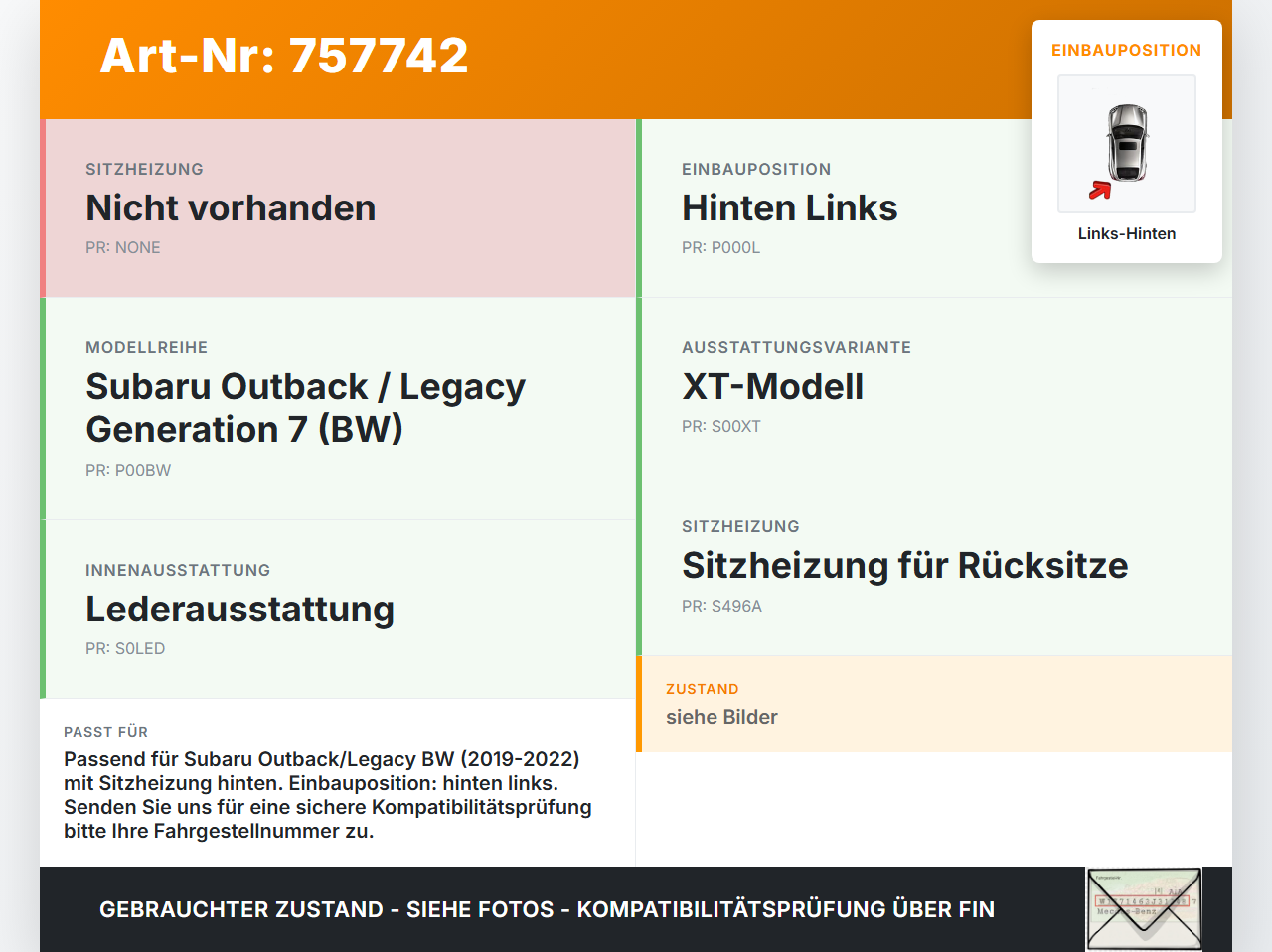 Subaru Outback Legacy 7 VII BW 19-22 Schalter für Sitzheizung Links Hinten Subaru Outback Legacy 7 VII BW 19-22... Vorschau 3