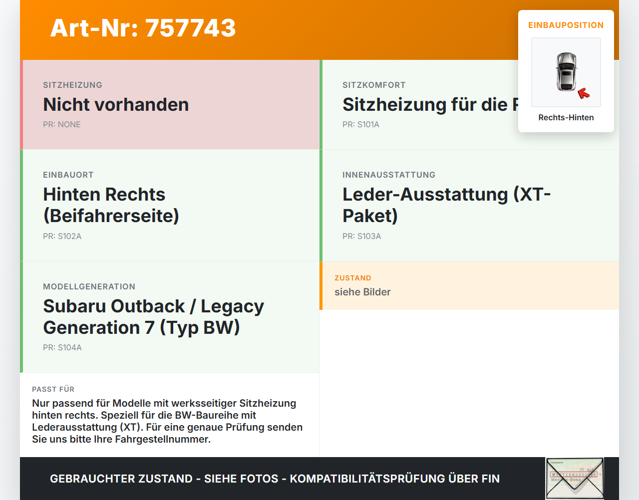 Subaru Outback Legacy 7 VII BW 19-22 Schalter Sitzheizung Rechts Hinten Subaru Outback Legacy 7 VII BW 19-22... Vorschau 3