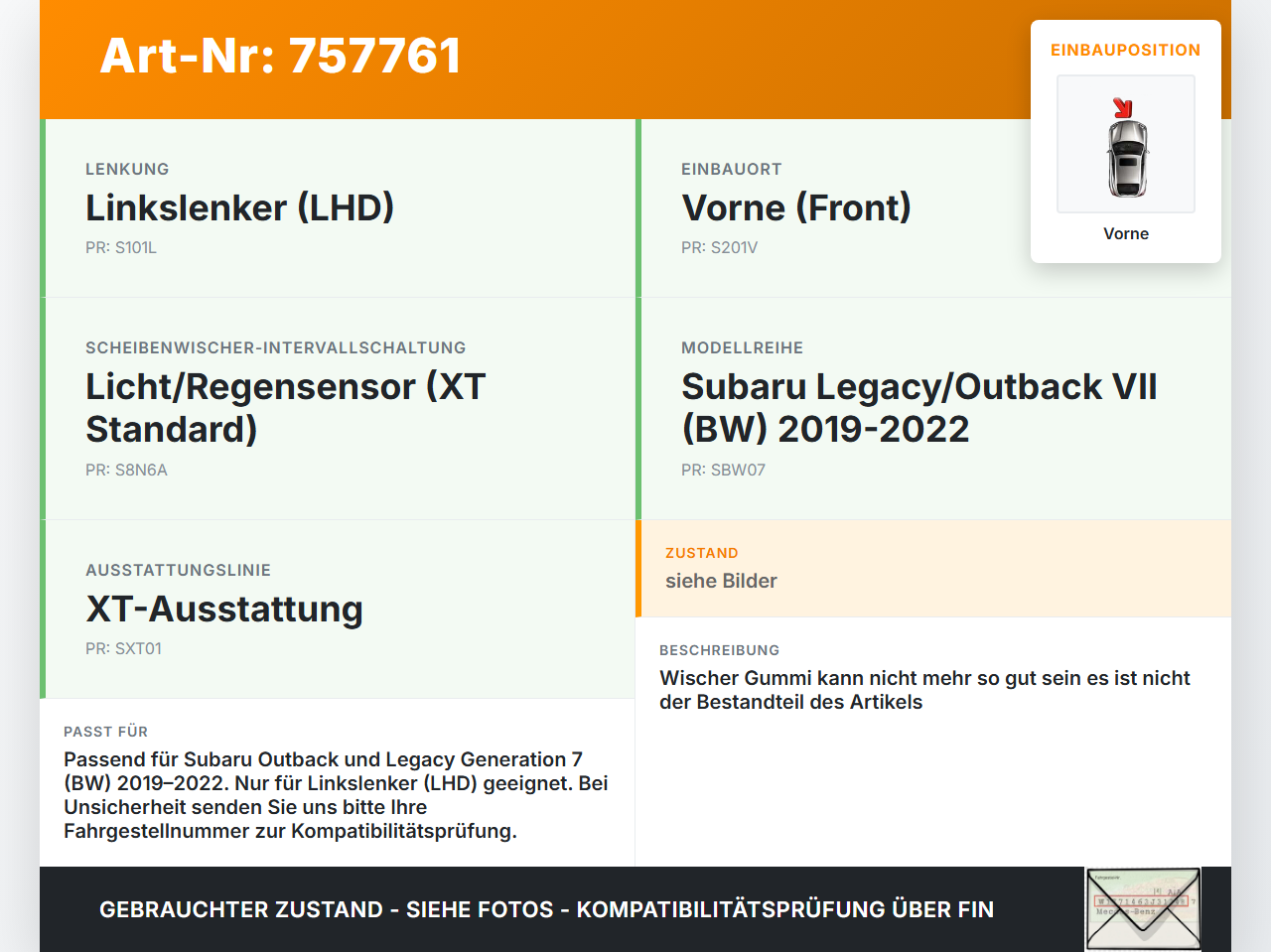 Subaru Outback Legacy 7 VII BW 19-22 2x Scheibenwischer Wischarm Vorne Subaru Outback Legacy 7 VII BW 19-22... Vorschau 3