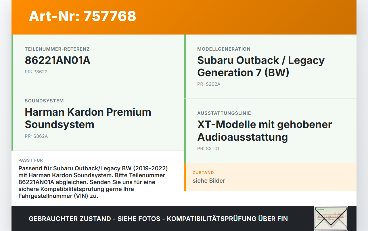 Subaru Outback Legacy 7 VII BW 19-22 Verstärker Endstufe für Soundsystem Subaru Outback Legacy 7 VII BW 19-22... Vorschau 3