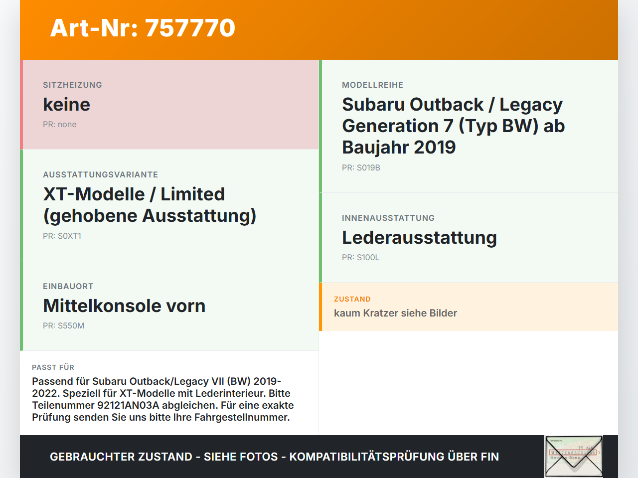 Subaru Outback Legacy 7 VII BW 19-22 Lim Becherhalter Getränkehalter Subaru Outback Legacy 7 VII BW 19-22... Vorschau 3