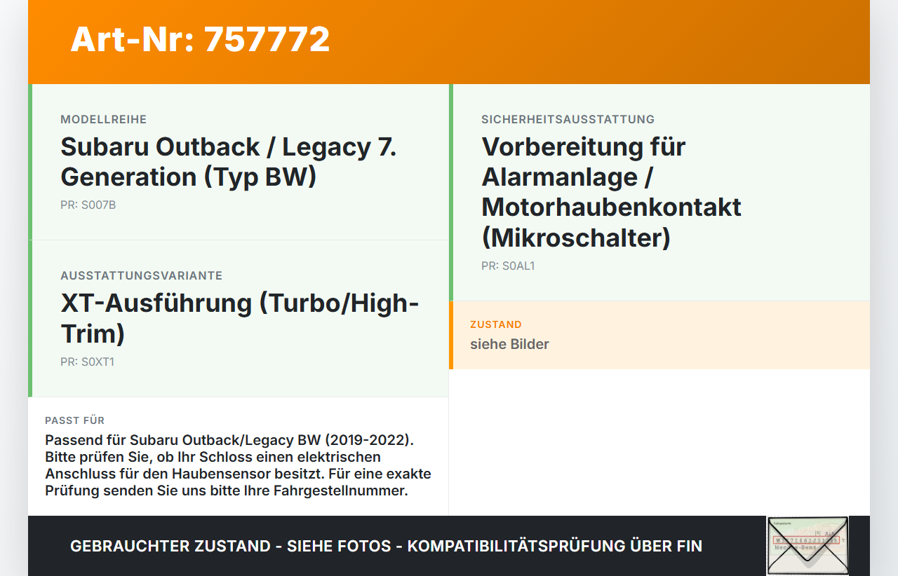 Subaru Outback Legacy 7 VII BW 19-22 Haubenschloss Motorhaubenschloss Schloss Subaru Outback Legacy 7 VII BW 19-22... Vorschau 3