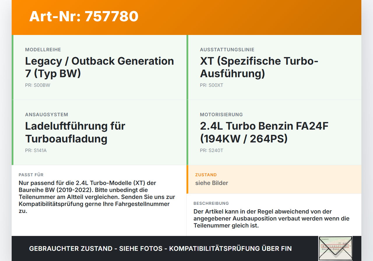 Subaru Outback Legacy 7 VII BW 19-22 2,4 194KW Ansaugrohr Ladeluftschlauch Luftschlauch Pos.1 Subaru Outback Legacy... Vorschau 3