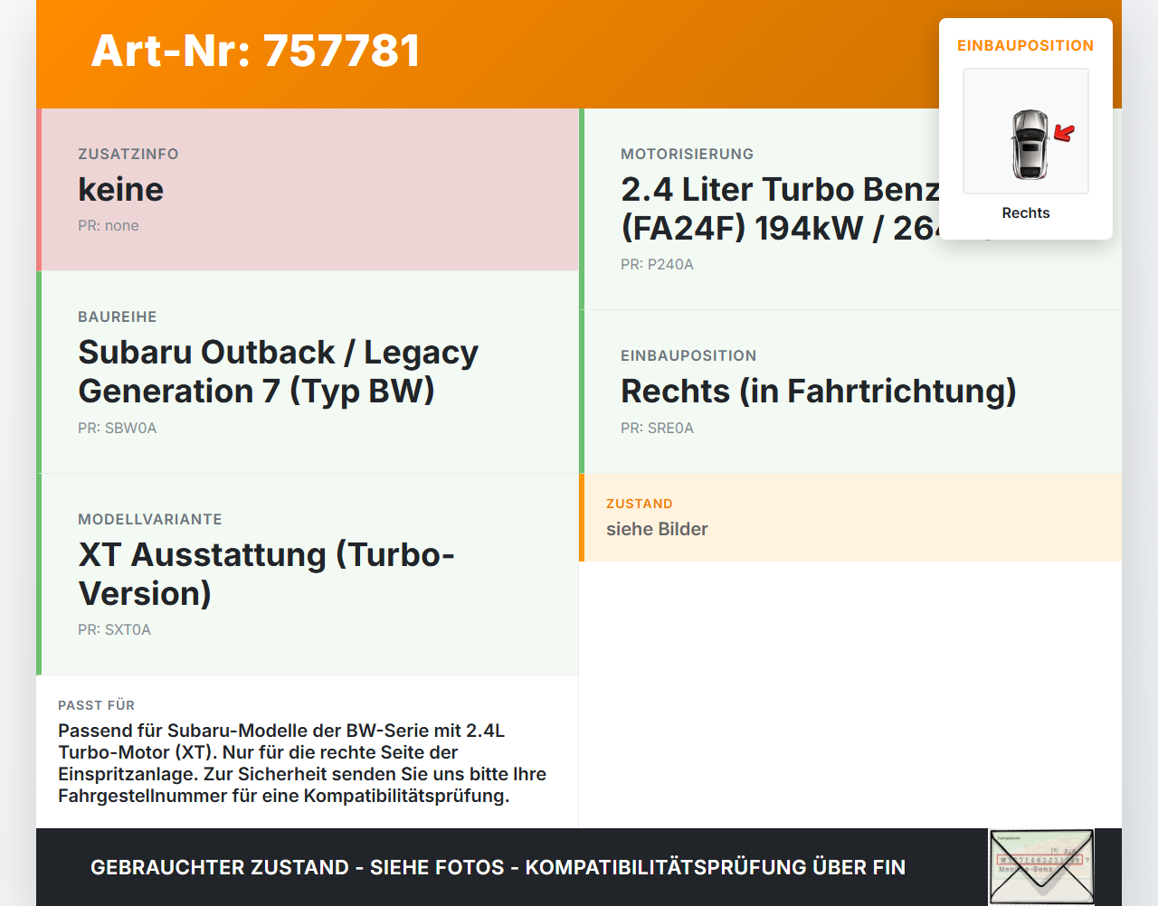 Subaru Outback Legacy 7 VII BW 19-22 2,4 194KW Einspritzleiste Düsenstock für Einspritzanlage Rechts Subaru Outback... Vorschau 3