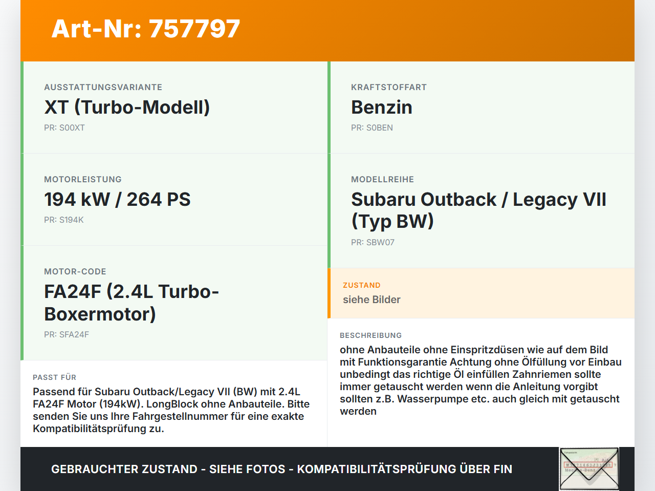 Subaru Outback Legacy 7 VII BW 19-22 2,4 194KW FA24F Boxermotor LongBlock Motor Subaru Outback Legacy 7 VII BW... Vorschau 3