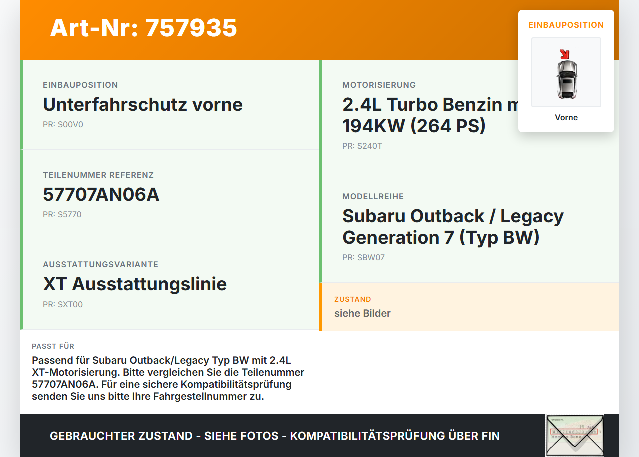 Subaru Outback Legacy 7 VII BW 19-22 2,4 194KW Unterfahrschutz Vorne Subaru Outback Legacy 7 VII BW 19-22... Vorschau 3
