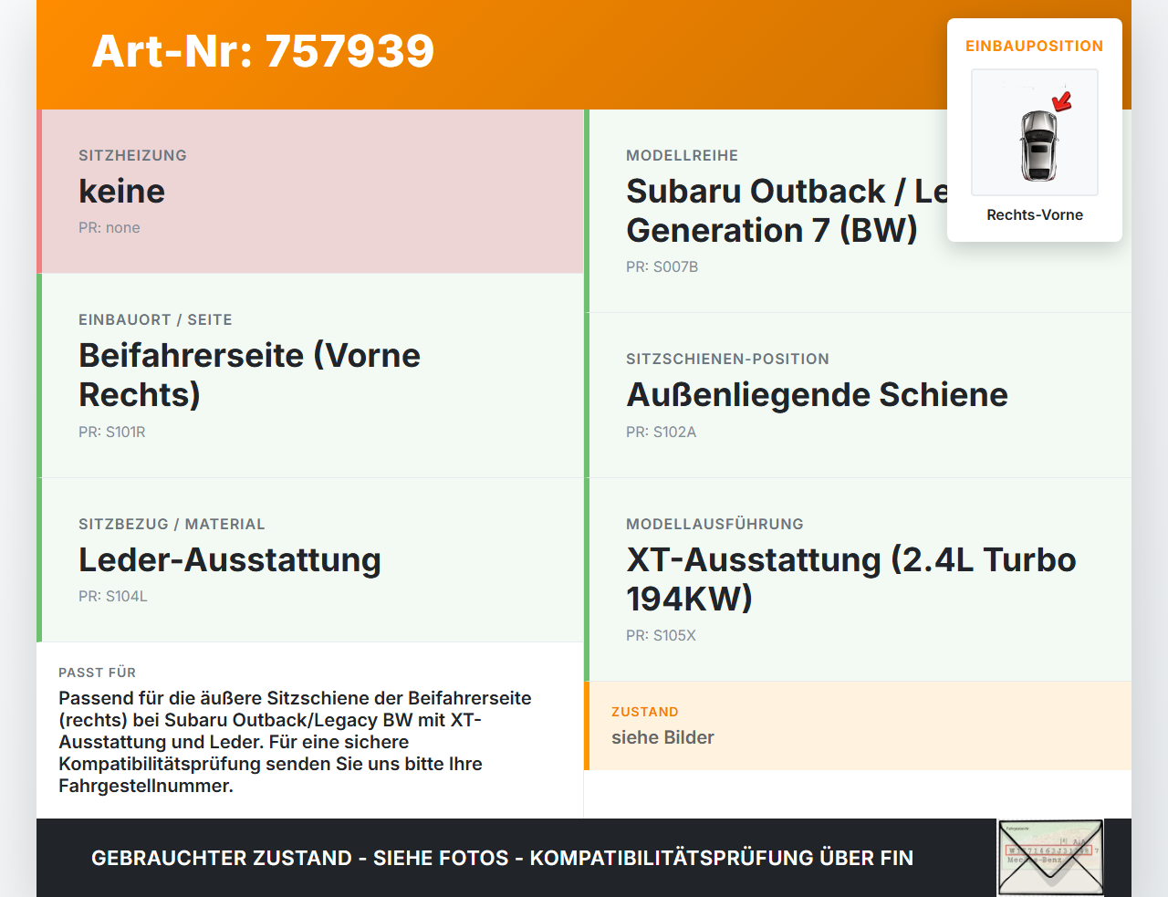 Subaru Outback Legacy 7 VII BW 19-22 2,4 194KW Schiene für Beifahrersitz Sitzschiene Aussen Rechts Vorne Subaru... Vorschau 3