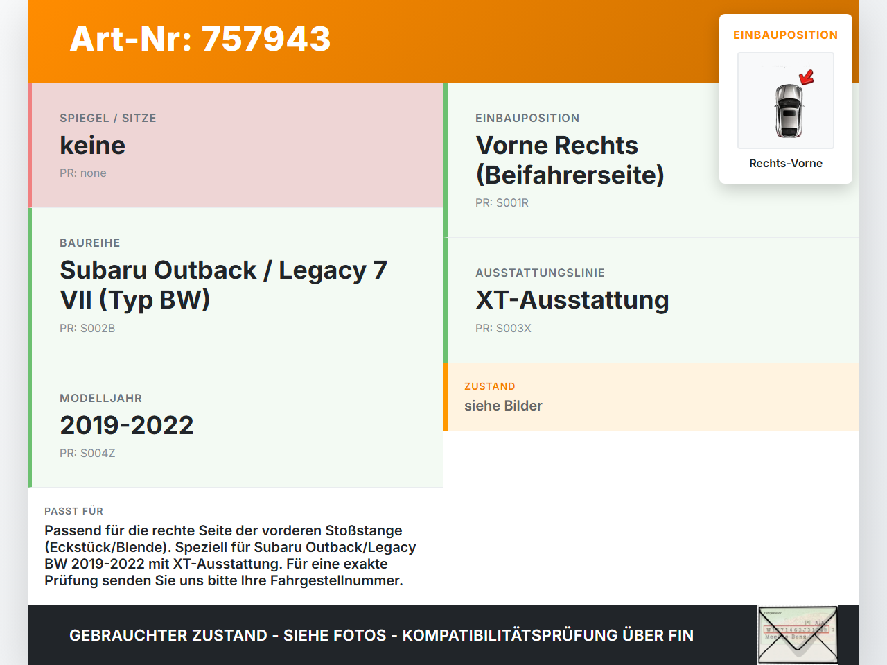 Subaru Outback Legacy 7 VII BW 19-22 Frontblende Frontleiste Rechts Eckstück für Stoßstange Vorne Subaru Outback... Vorschau 3