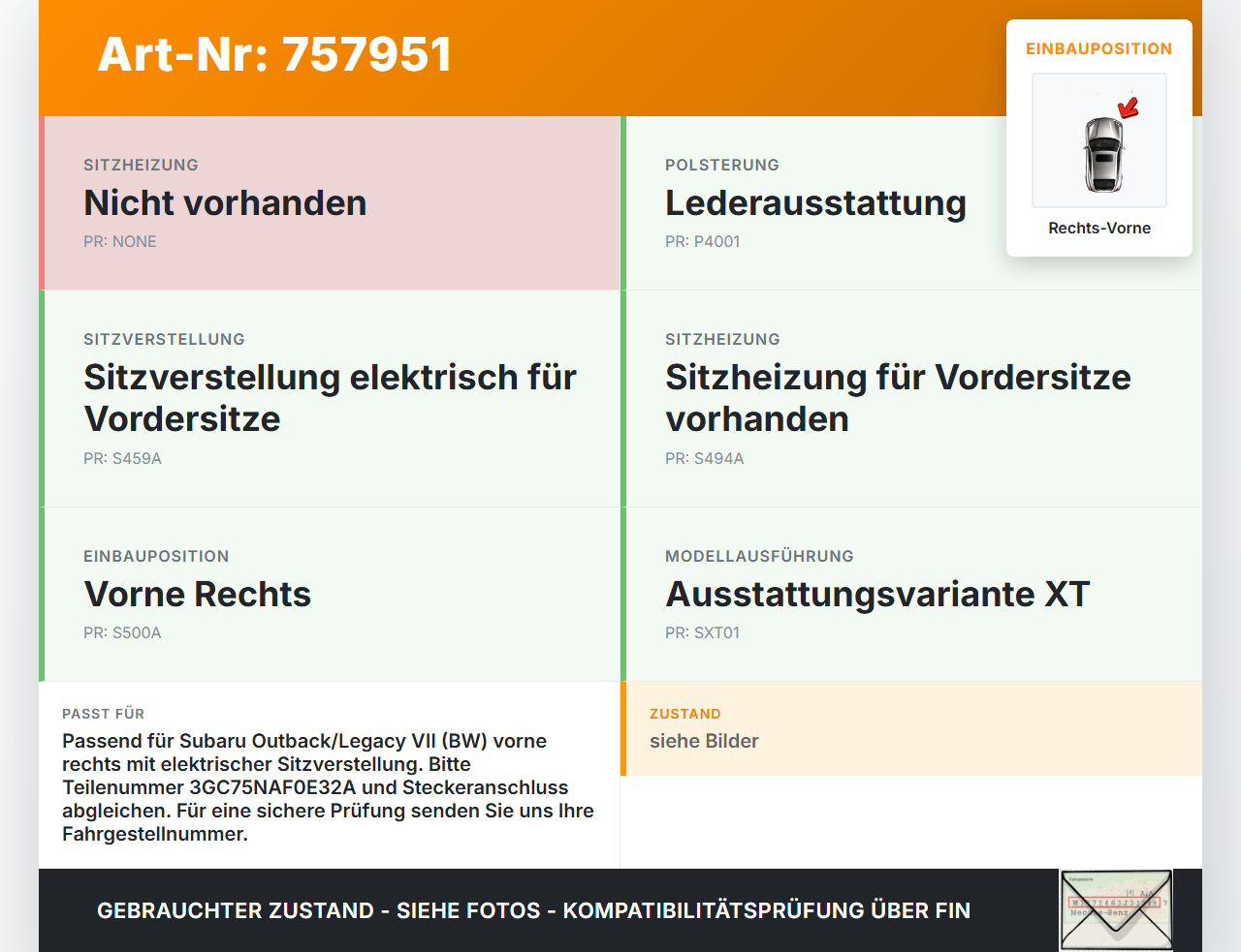 Subaru Outback Legacy 7 VII BW 19-22 Stellmotor für Elektr. Sitzverstellung Rechts Vorne Subaru Outback Legacy 7... Vorschau 3