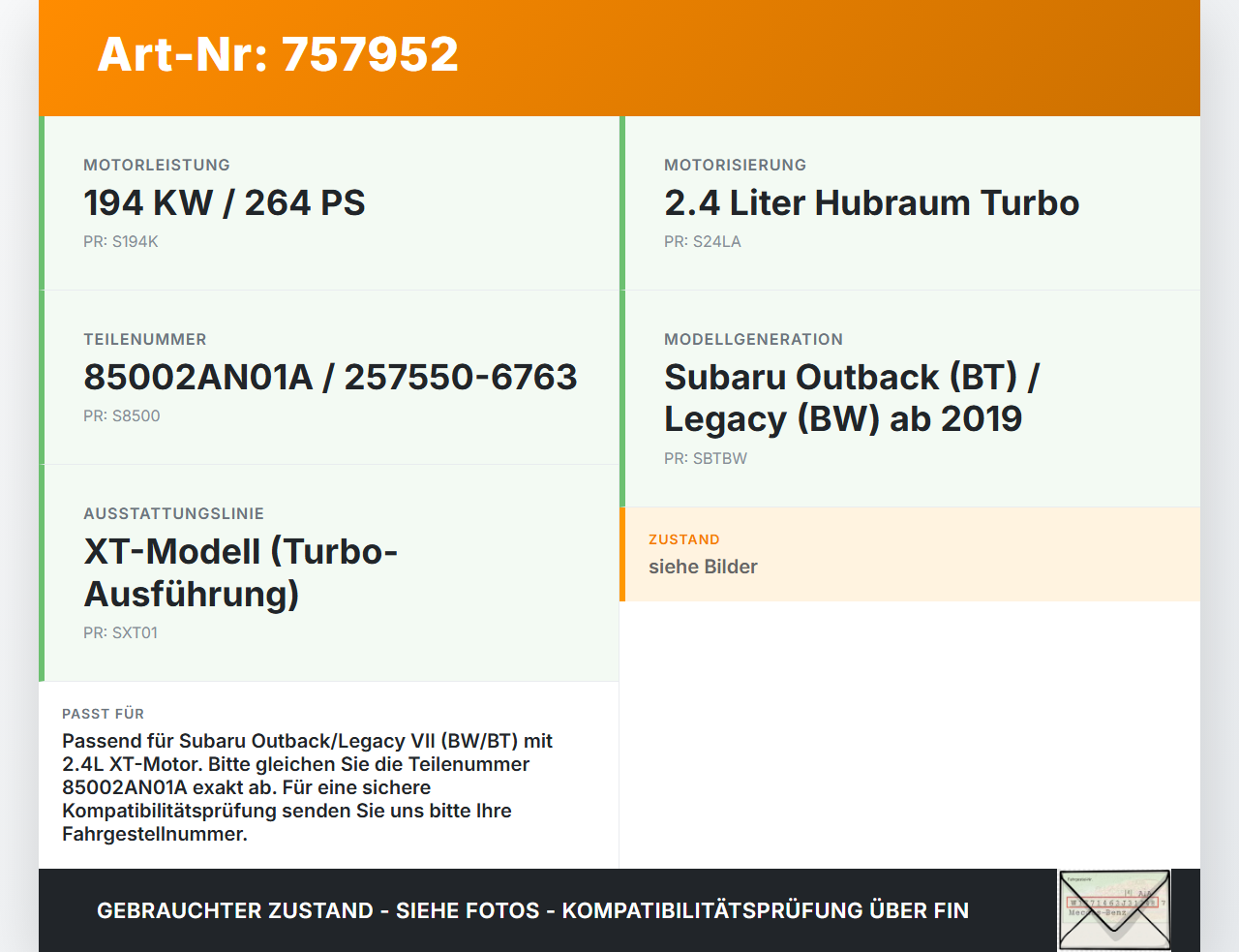 Subaru Outback Legacy 7 VII BW 19-22 2,4 194KW Kombiinstrument Tacho Subaru Outback Legacy 7 VII BW 19-22... Vorschau 3