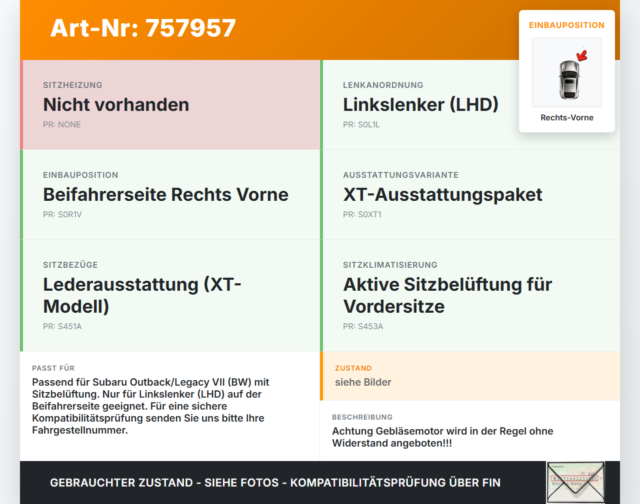Subaru Outback Legacy 7 VII BW 19-22 Gebläsemotor Lüftermotor für Beifahrersitz Rechts Vorne Subaru Outback Legacy... Vorschau 3