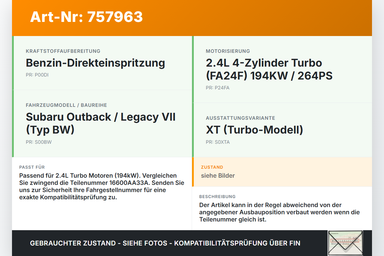 Subaru Outback Legacy 7 VII BW 19-22 2,4 194KW Injektor Einspritzdüse Zyl.4 Subaru Outback Legacy 7 VII BW 19-22... Vorschau 3