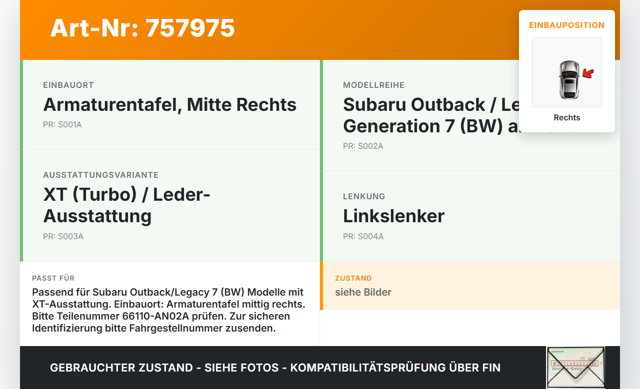 Subaru Outback Legacy 7 VII BW 19-22 Luftdusche Luftdüse Rechts Mitte Subaru Outback Legacy 7 VII BW 19-22... Vorschau 3