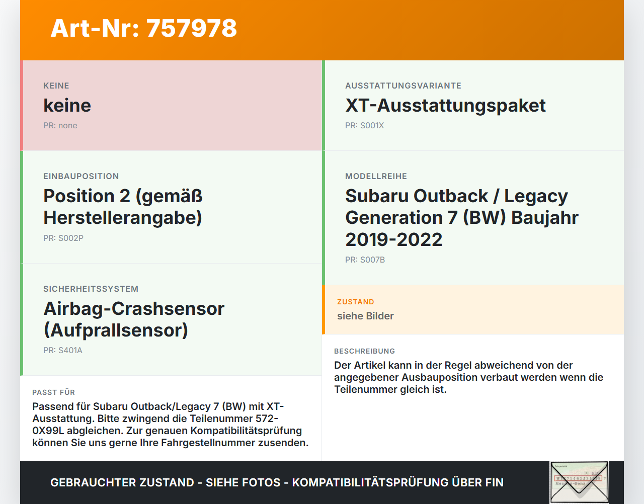 Subaru Outback Legacy 7 VII BW 19-22 Sensor für Airbag Crashsensor Airbagsensor Pos.2 Subaru Outback Legacy 7 VII... Vorschau 3