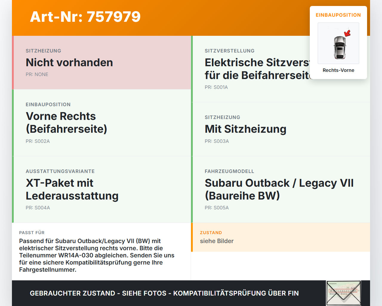 Subaru Outback Legacy 7 VII BW 19-22 Stellmotor für Elektr. Sitzverstellung Rechts Vorne Subaru Outback Legacy 7... Vorschau 3