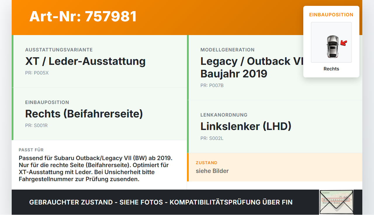 Subaru Outback Legacy 7 VII BW 19-22 Luftdusche Luftdüse Rechts Subaru Outback Legacy 7 VII BW 19-22 01.02.2020... Vorschau 3