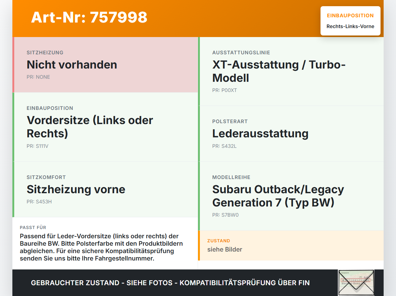 Subaru Outback Legacy 7 VII BW 19-22 Kopfstütze für Fahrer Sitz Rechts oder Links Vorne Subaru Outback Legacy 7 VII... Vorschau 3