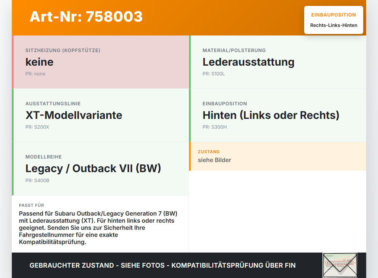 Subaru Outback Legacy 7 VII BW 19-22 Kopfstütze Rechts oder Links Hinten Subaru Outback Legacy 7 VII BW 19-22... Vorschau 3