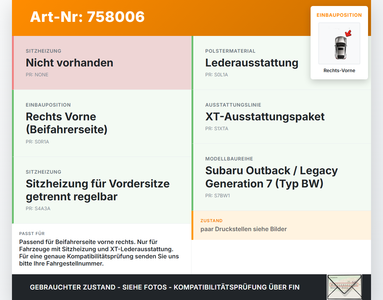 Subaru Outback Legacy 7 VII BW 19-22 Lim Sitzpolster für Beifahrersitz Rechts Vorne beheizbar Subaru Outback Legacy... Vorschau 3