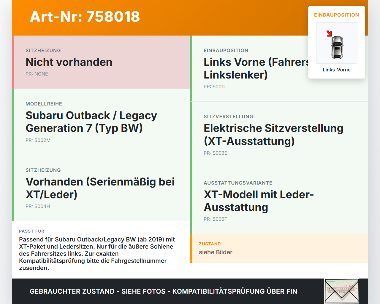 Subaru Outback Legacy 7 VII BW 19-22 2,4 194KW Schiene Aussenseite für Fahrersitz Links Vorne Subaru Outback Legacy... Vorschau 3