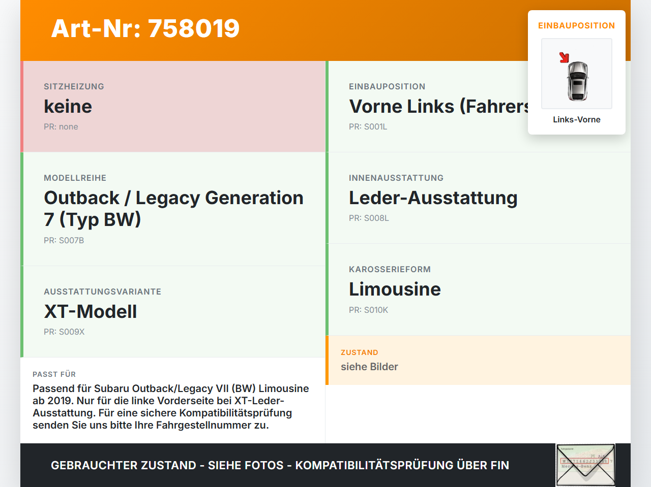 Subaru Outback Legacy 7 VII BW 19-22 Lim Gurtschloss Links Vorne Subaru Outback Legacy 7 VII BW 19-22 01.02.2020... Vorschau 3