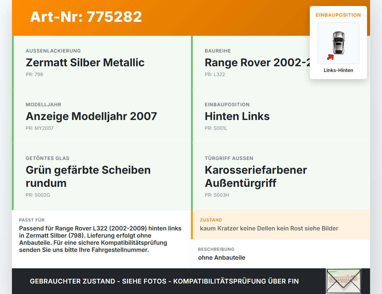 Land Range Rover III L322 Tür Links Hinten Land Range Rover III L322 29.06.2007 BFA760071 gebraucht Vorschau 3