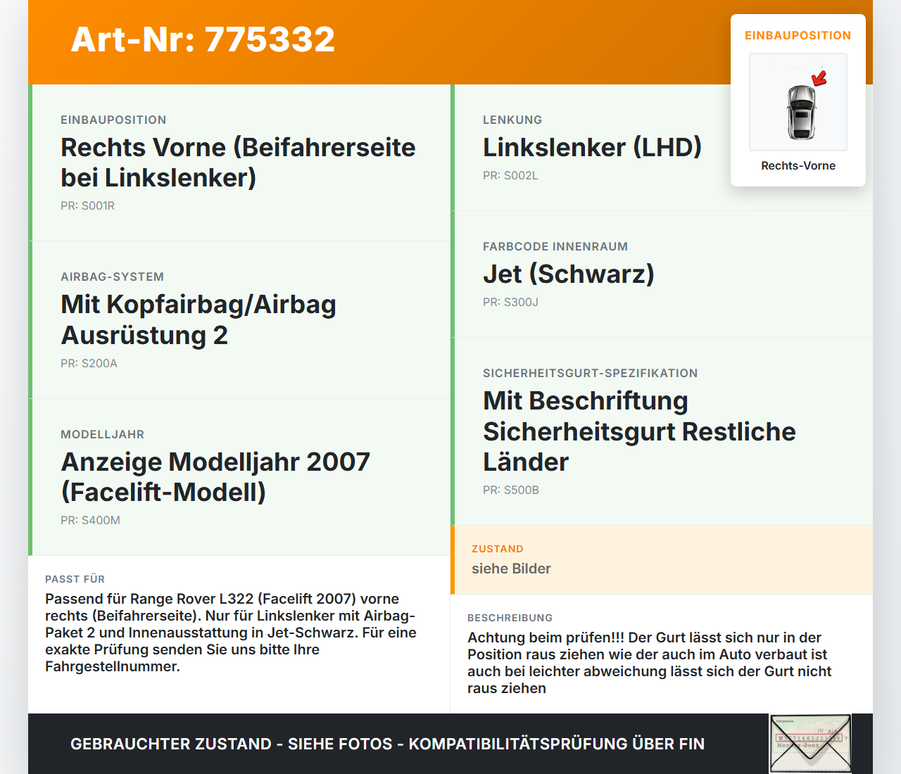 Land Range Rover III L322 Gurt Sicherheitsgurt Rechts Vorne Land Range Rover III L322 29.06.2007 LR009239 gebraucht Vorschau 3