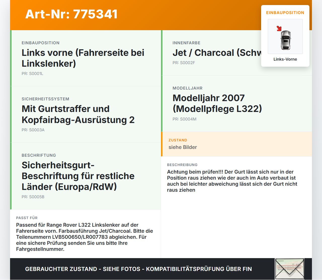 Land Range Rover III L322 Gurt Sicherheitsgurt m. Gurtstraffer für Fahrer Links Vorne Land Range Rover III L322... Vorschau 3