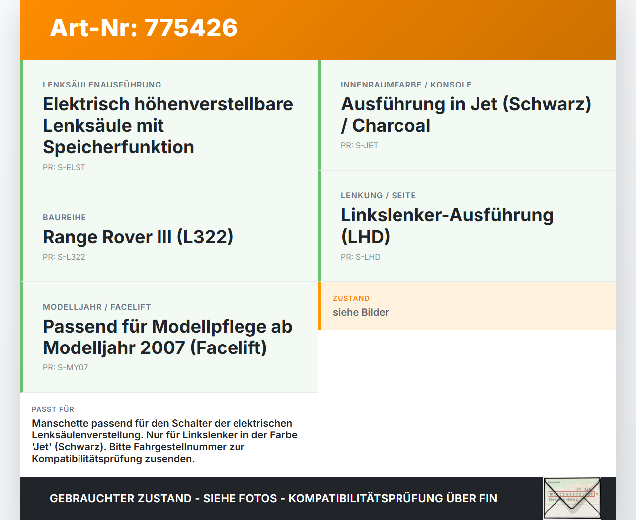 Land Range Rover III L322 3,6 200KW Manschette für Schalter Land Range Rover III L322 29.06.2007 6765211... Vorschau 3