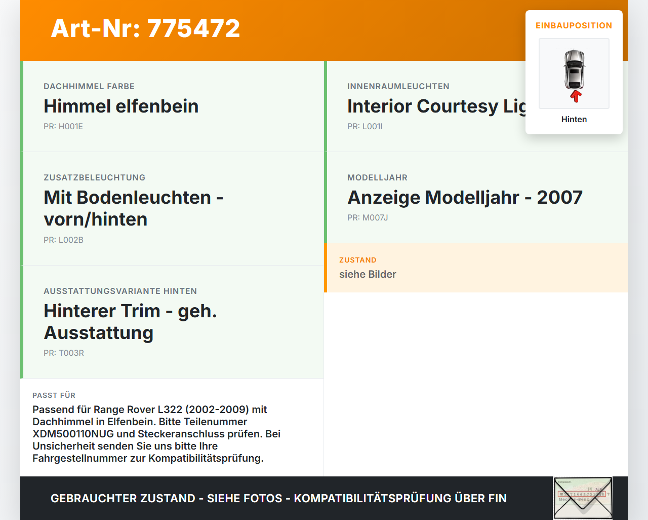 Land Range Rover III L322 Innenleuchte Innenraumleuchte Hinten Land Range Rover III L322 29.06.2007 XDM500110NUG... Vorschau 3