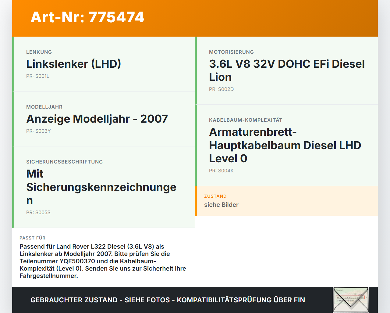 Land Range Rover III L322 3,6 200KW Sicherungskasten Zentralelektrik Land Range Rover III L322 29.06.2007 YQG10011... Vorschau 3