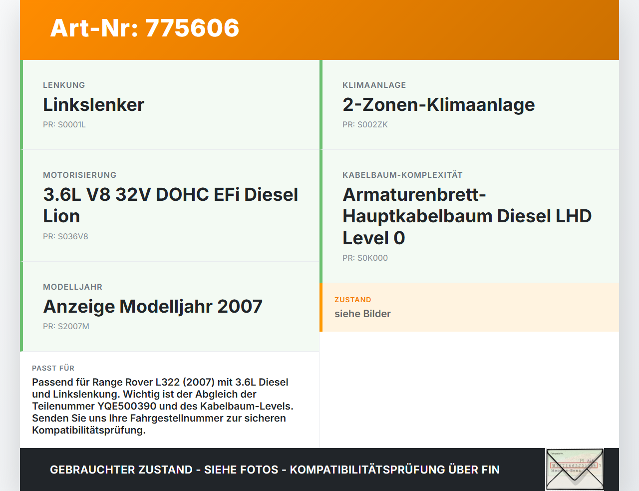 Land Range Rover III L322 3,6 200KW Sicherungskasten Zentralelektrik Land Range Rover III L322 29.06.2007 YQE500390... Vorschau 3