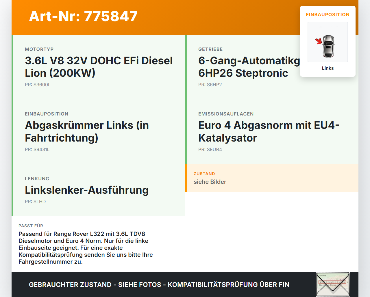 Land Range Rover III L322 3,6 200KW TDV8 Abgaskrümmer Links Land Range Rover III L322 29.06.2007 6H4Q-9431-DB gebraucht Vorschau 3