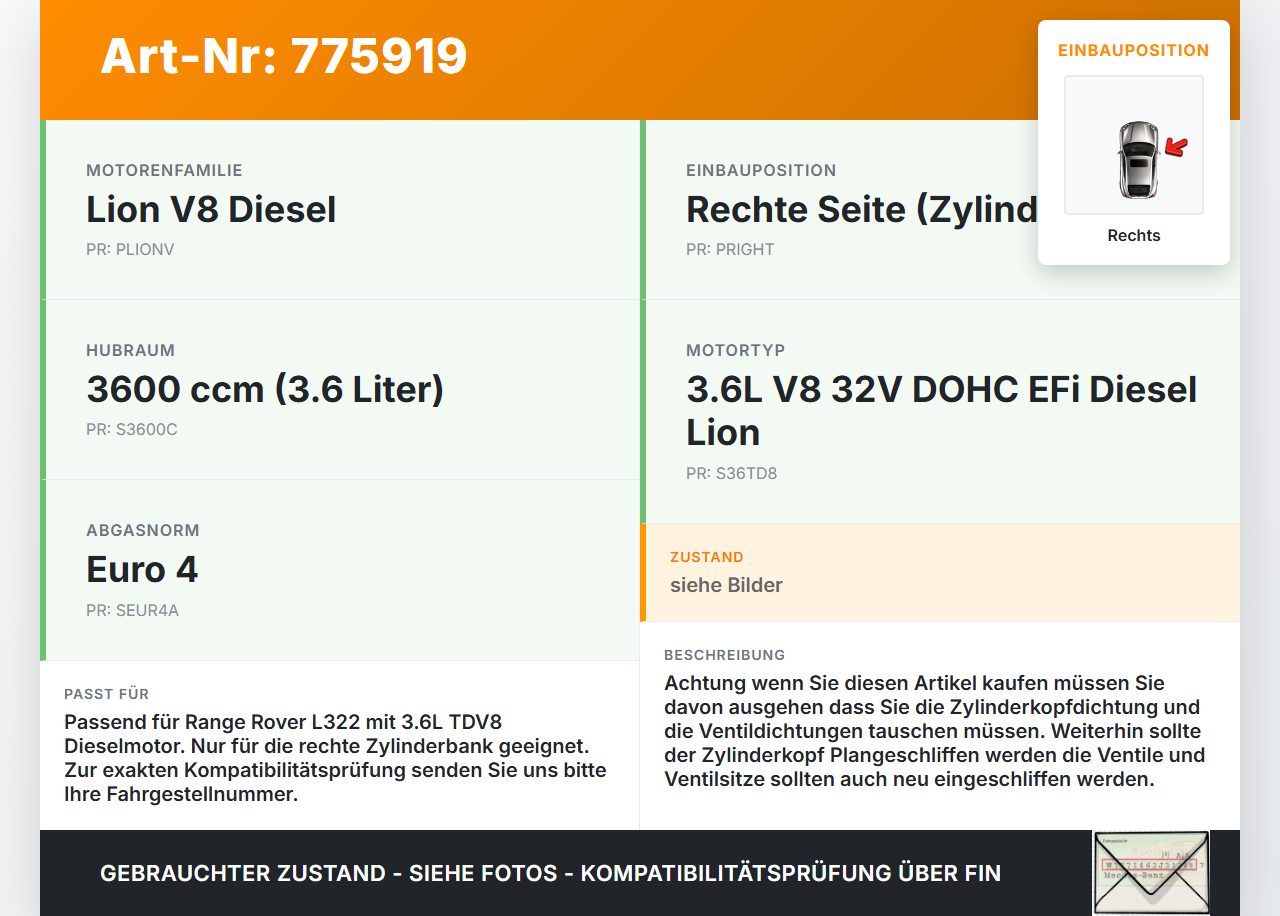 Land Range Rover III L322 3,6 200KW TDV8 Zylinderkopf Rechts Land Range Rover III L322 29.06.2007 gebraucht Vorschau 3