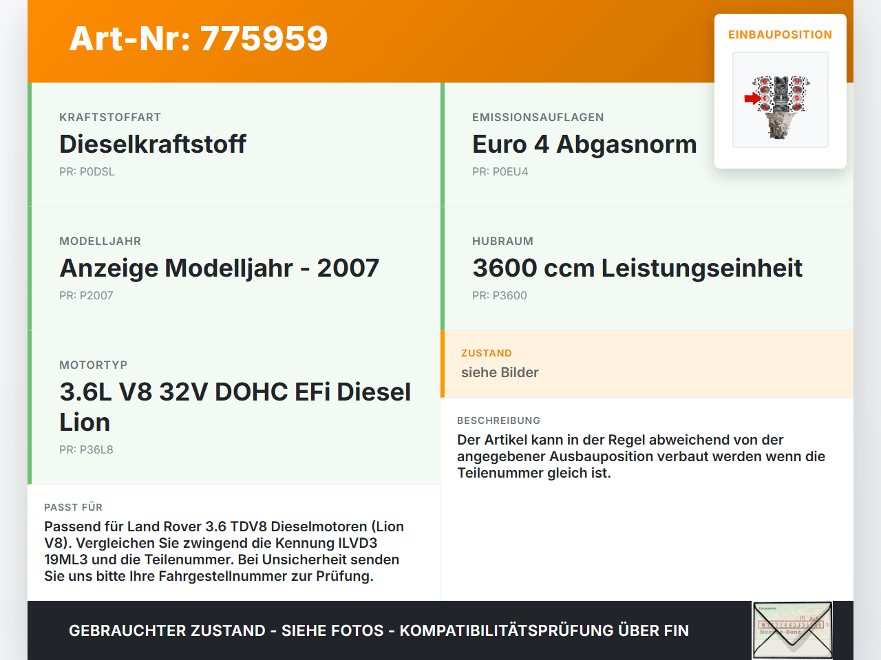 Land Range Rover III L322 3,6 200KW TDV8 Kolben mit Pleuel Pos C ILVD3 19ML3 Land Range Rover III L322 29.06.2007... Vorschau 3