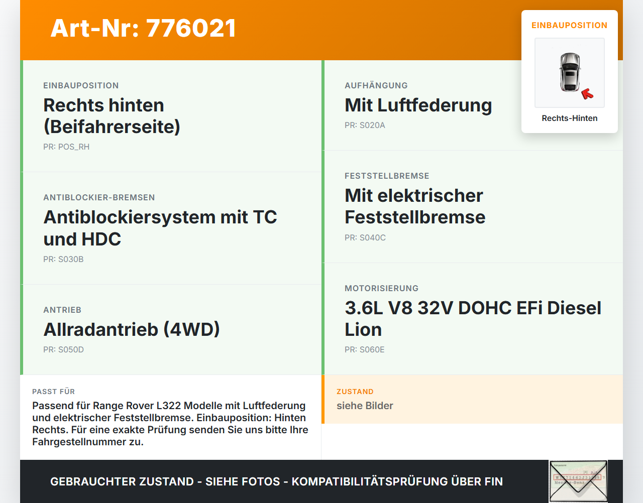 Land Range Rover III L322  3,6 200KW 4WD Achsschenkel Radnabe mit ABS Rechts Hinten Land Range Rover III L322... Vorschau 3