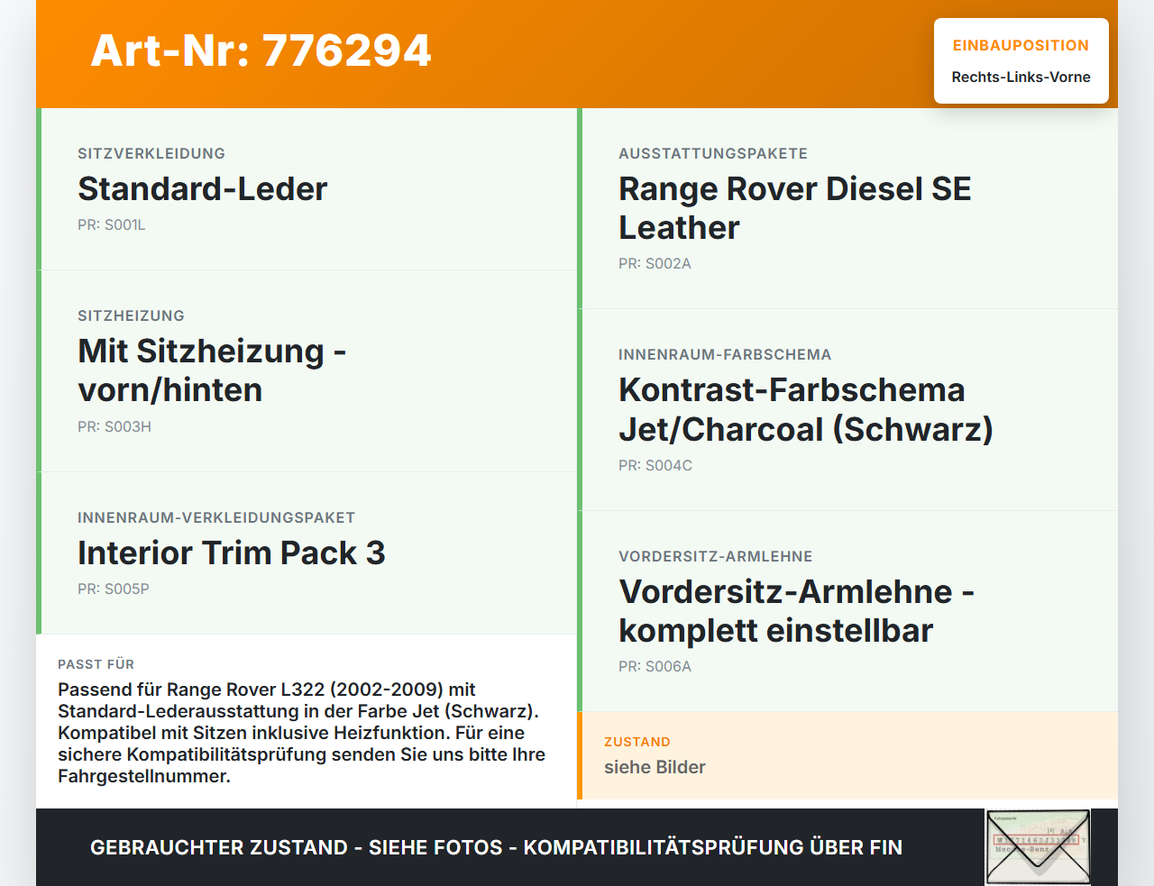 Land Range Rover III L322  Leder Kopfstütze für Beifahrer Sitz Rechts oder Links Vorne Land Range Rover III L322... Vorschau 3