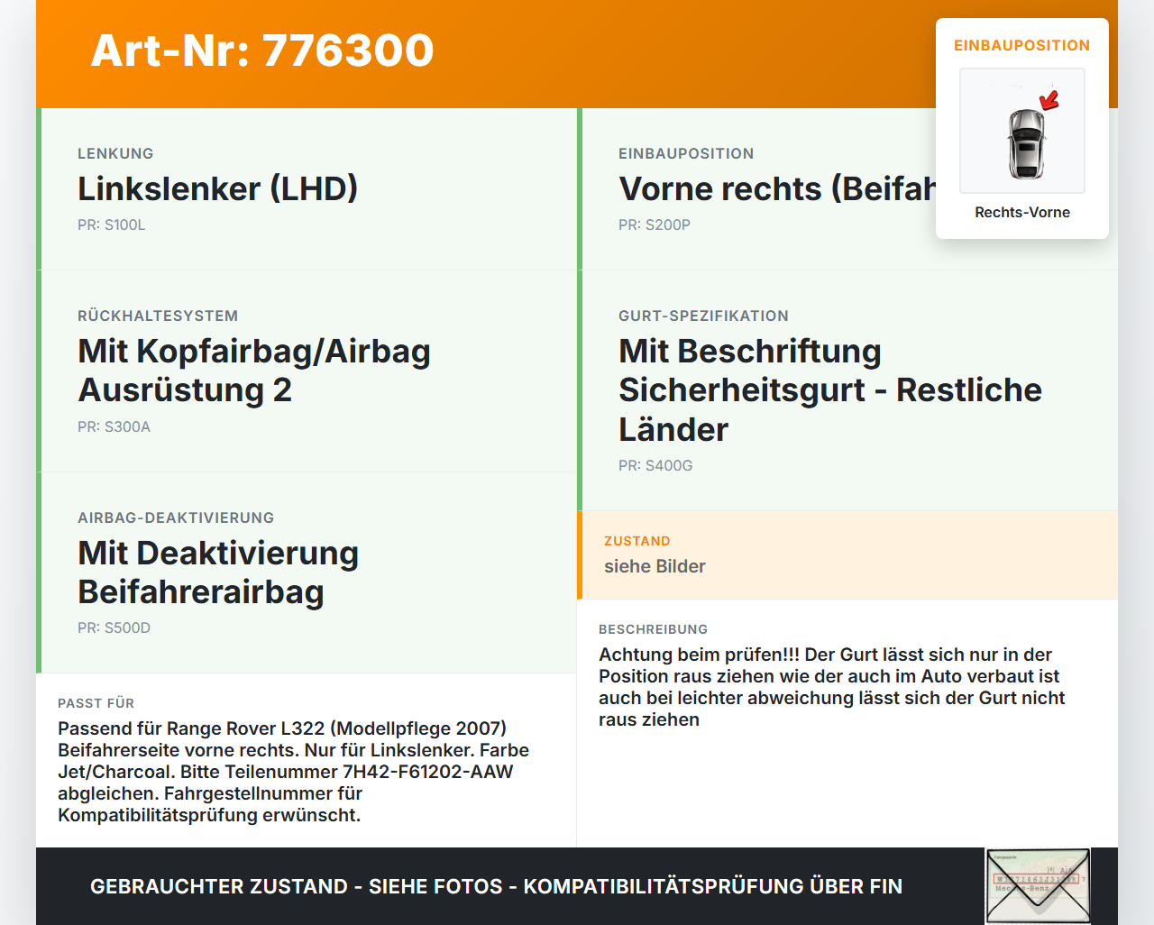 Land Range Rover III L322 Gurt Sicherheitsgurt Gurtstraffer für Beifahrer Rechts Vorne Land Range Rover III L322... Vorschau 3