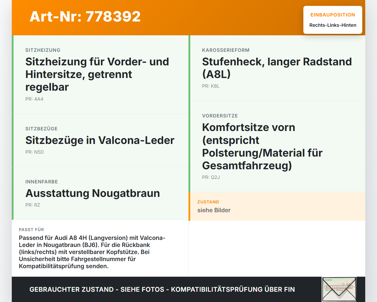 Audi A8 4H 09-13 Kopfstütze Rechts oder Links Hinten Nougatbraun Audi A8 4H 09-13 15.06.12 4H0885901A 4H0885901ABJ6... Vorschau 3