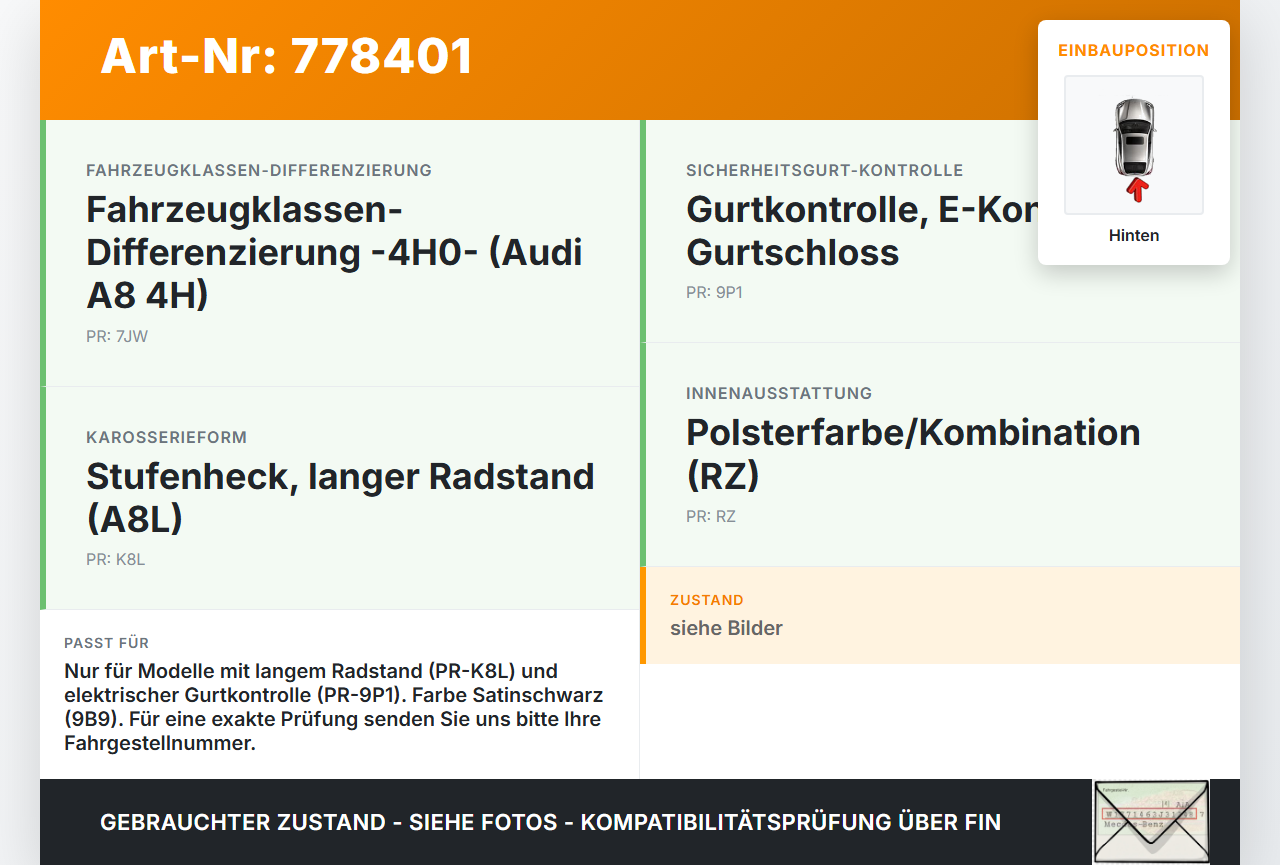 Audi A8 4H 09-13 Lang Gurtschloss Mitte Hinten Audi A8 4H 09-13 15.06.12 4H0857740 4H08577409B9 gebraucht Vorschau 3