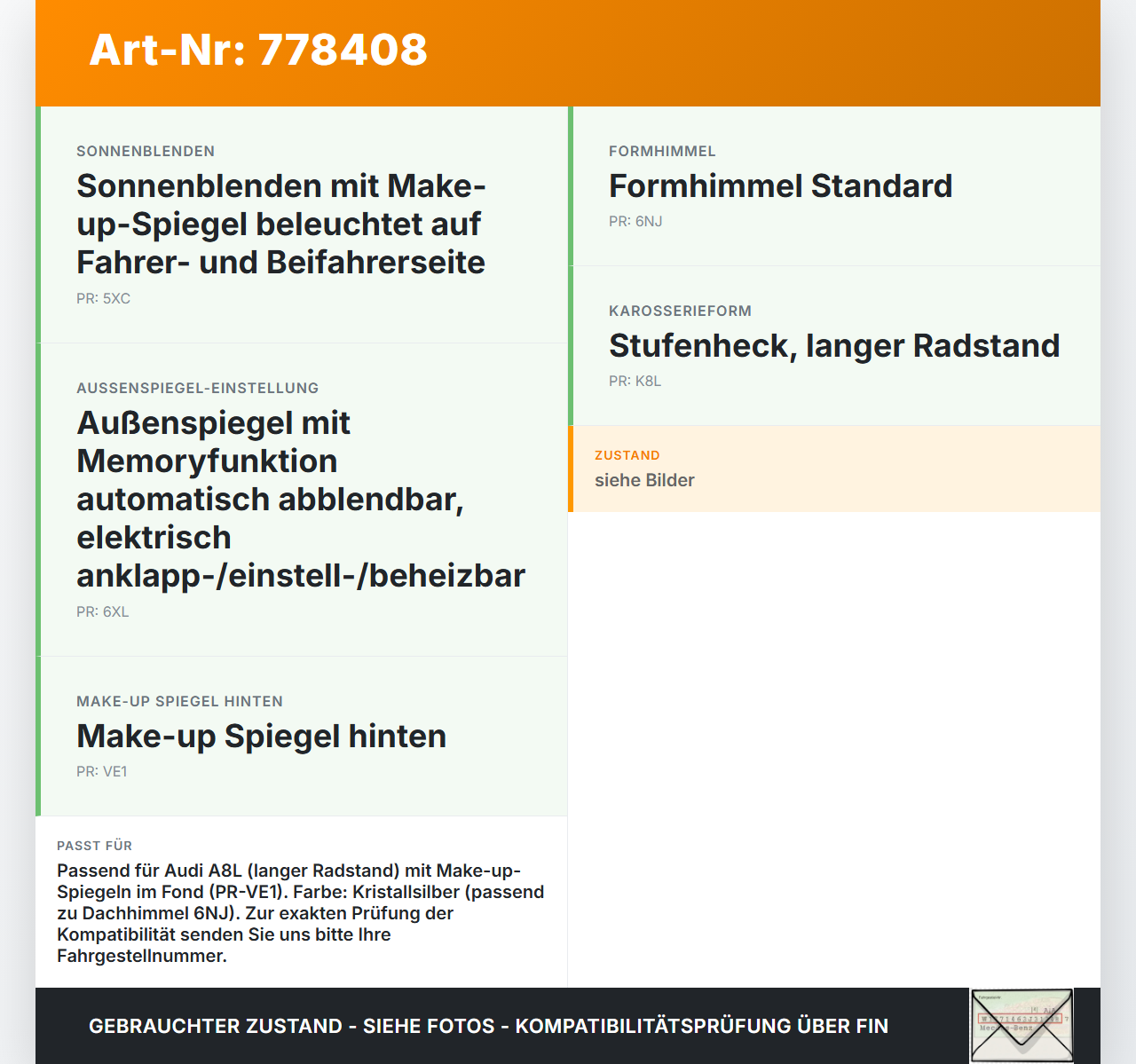 Audi A8 4H 09-13 FSI 4,2 273KW Innenspiegel Schminkspiegel Audi A8 4H 09-13 15.06.12 4H4858563A 4H4858563AET1 gebraucht Vorschau 3