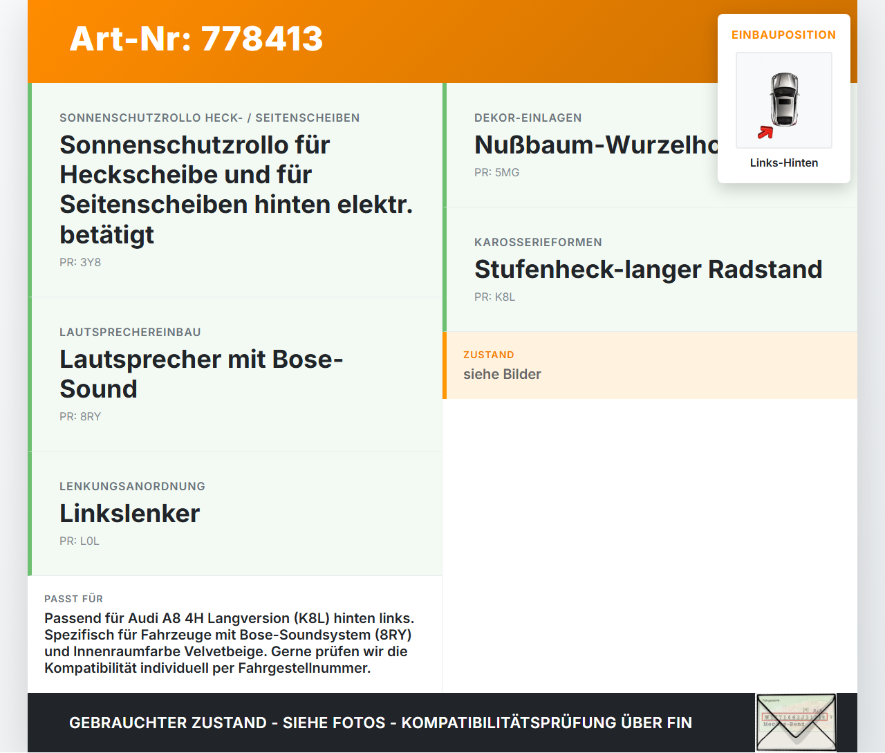 Audi A8 4H 09-13 Lang Blende Innen Abdeckung für Lautsprecher Links Hinten Audi A8 4H 09-13 15.06.12 4H4868959 gebraucht Vorschau 3