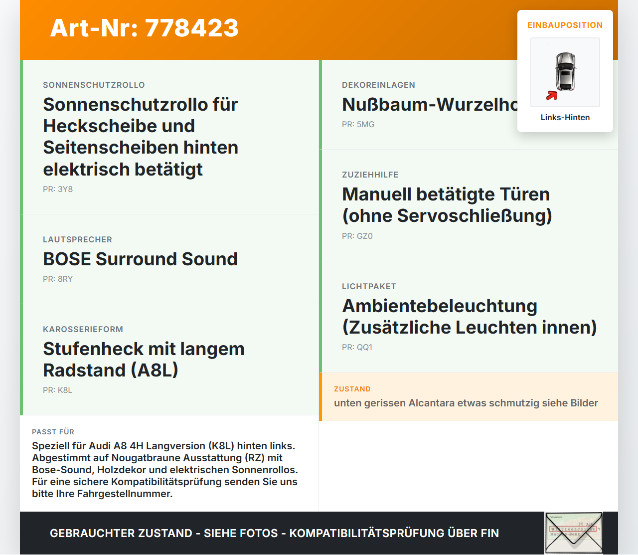Audi A8 4H 09-13 Lang Türverkleidung Türpappe Links Hinten Alcantara nougatbraun Audi A8 4H 09-13 15.06.12... Vorschau 3