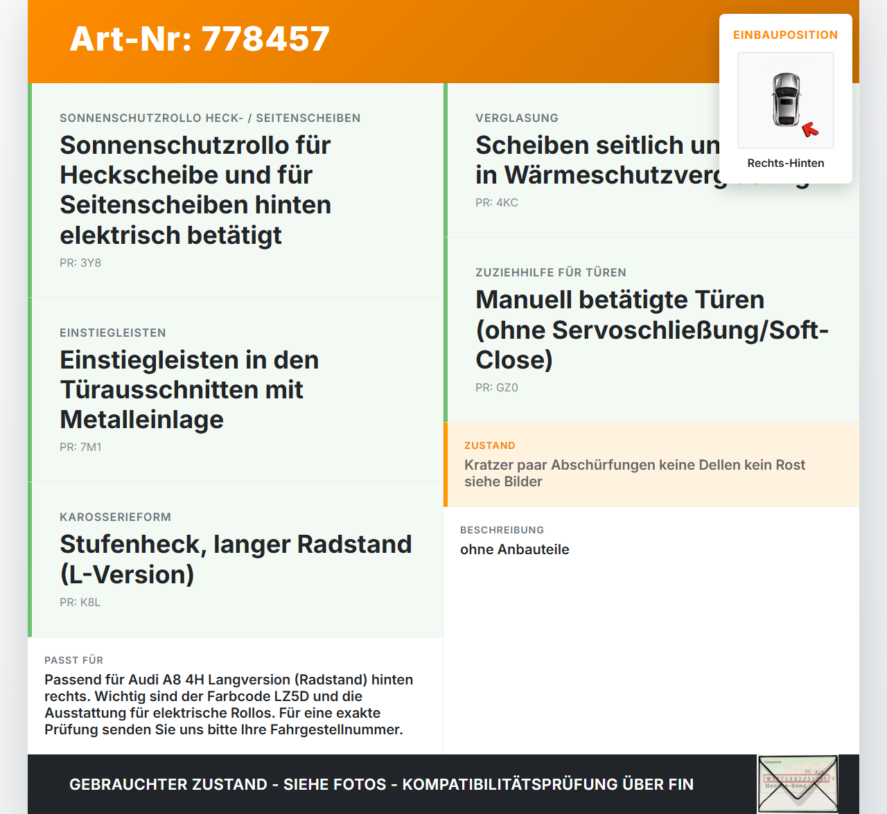 Audi A8 4H 09-13 Lang Tür Rechts Hinten LZ5D Audi A8 4H 09-13 15.06.12 4H4833052D gebraucht Vorschau 3