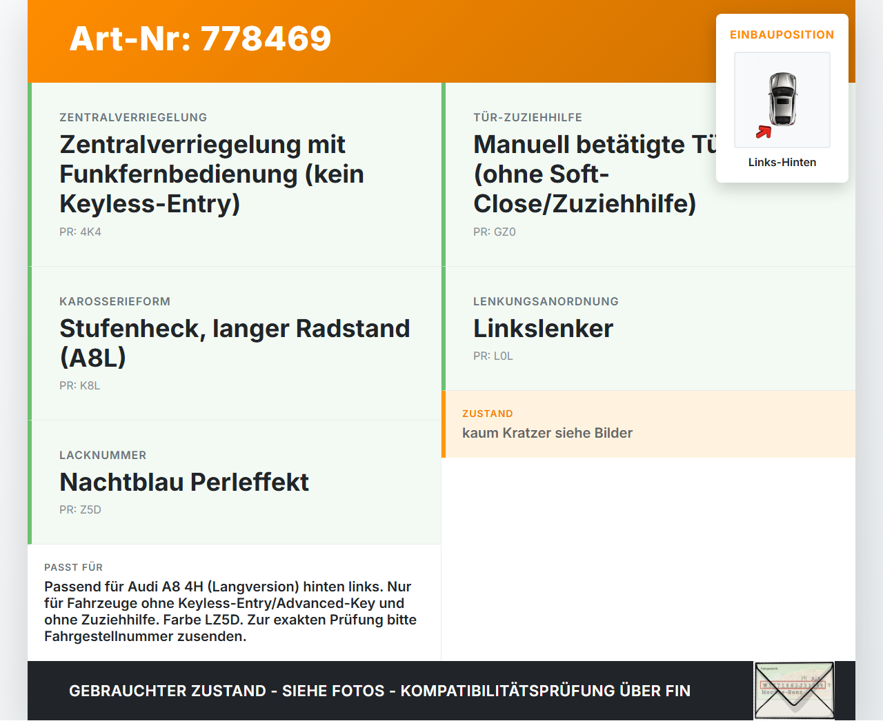 Audi A8 4H 09-13 Lang Türgriff Griff aussen Links Hinten LZ5D Audi A8 4H 09-13 15.06.12 gebraucht Vorschau 3