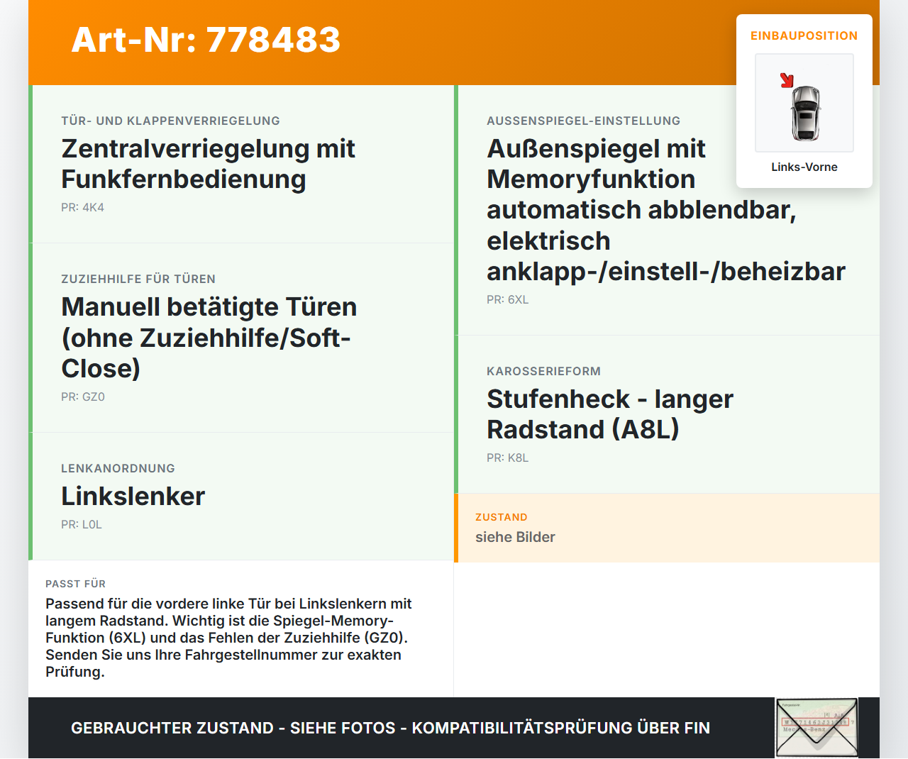 Audi A8 4H 09-13 Lang Fensterhebermotor Links Vorne Audi A8 4H 09-13 15.06.12 8K0959801B 919810-200 gebraucht Vorschau 3