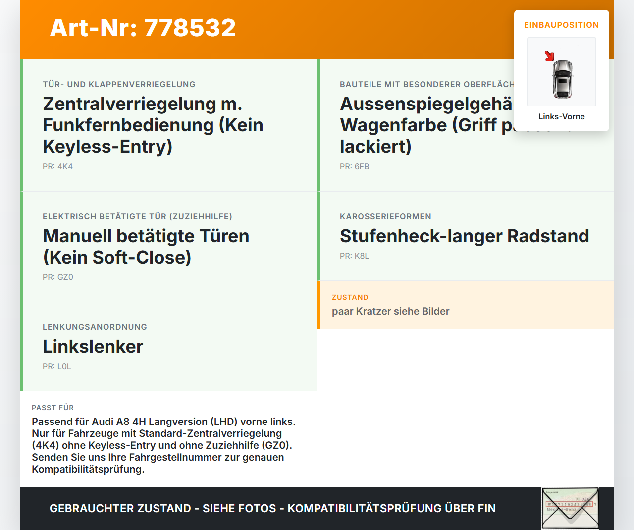 Audi A8 4H 09-13 Lang Türgriff Griff aussen Links Vorne LZ5D Audi A8 4H 09-13 15.06.12 gebraucht Vorschau 3
