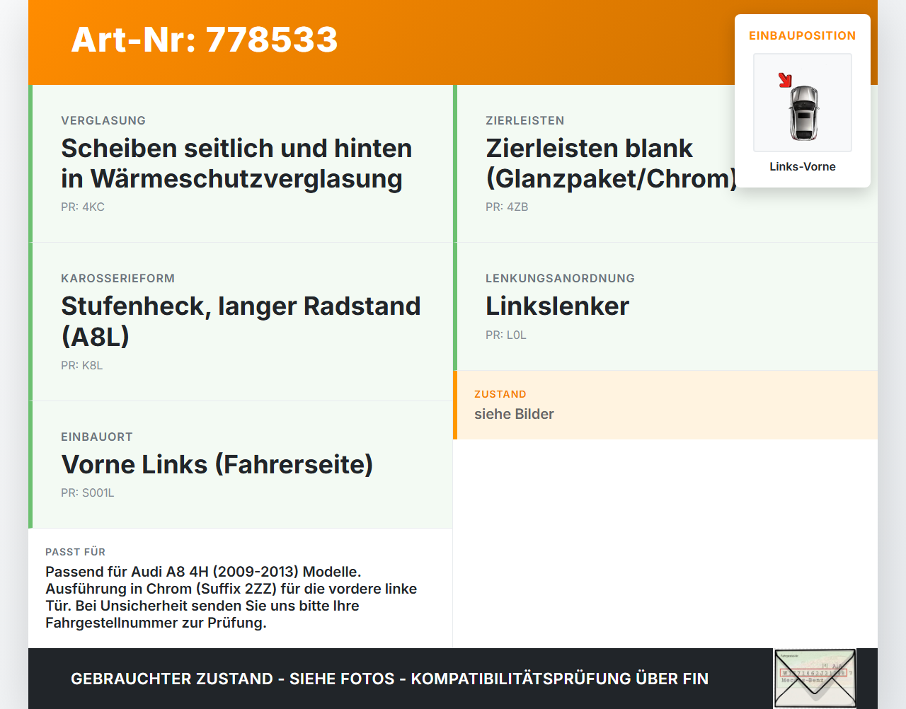 Audi A8 4H 09-13 Leiste Scheibendichtung für Tür Links Vorne Audi A8 4H 09-13 15.06.12 4H0853283C 4H0853283C2ZZ... Vorschau 3