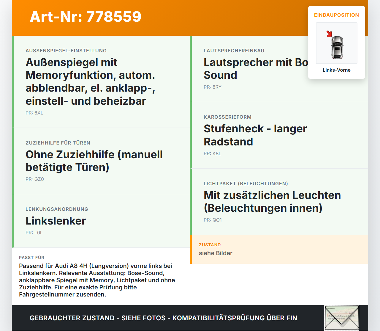 Audi A8 4H 09-13 Lang Kabelbaum Tür und Fensterheber Links Vorne Audi A8 4H 09-13 15.06.12 4H0971035AD gebraucht Vorschau 3